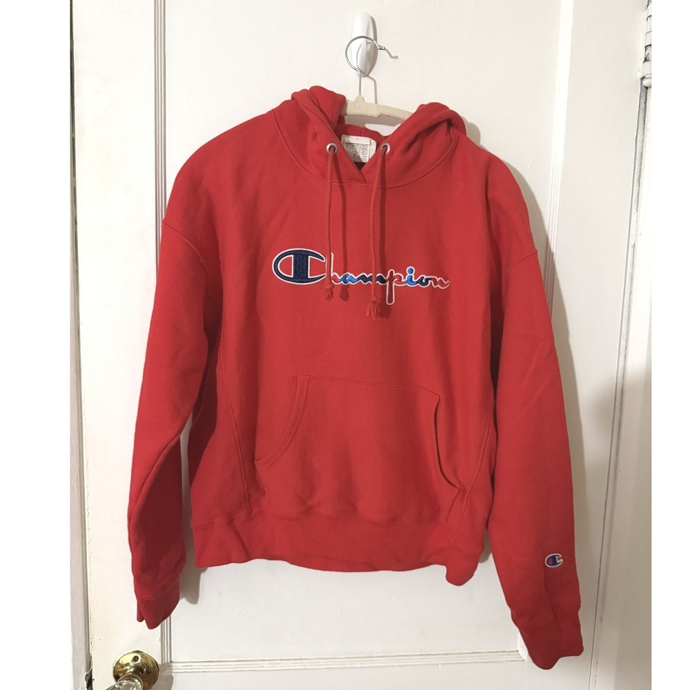 Champion Reverse Weave Red Hoodie Script Logo Sweatshirt Womens Medium